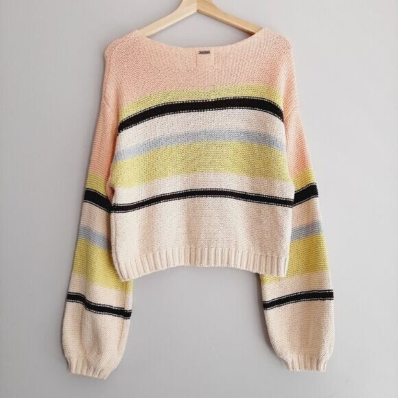 BILLABONG Seeing Stripes Sweater Crop Pink Lemongrass Sz M - Picture 7 of 15